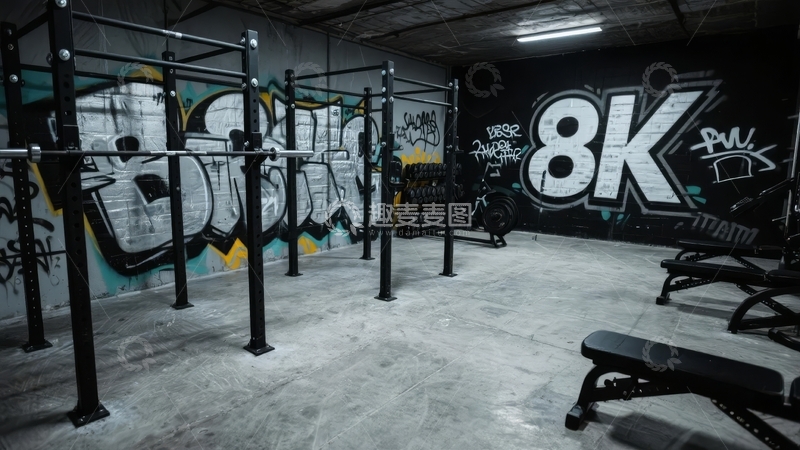 高清大图下载【趣麦麦图】带有涂鸦墙的健身房内部展示