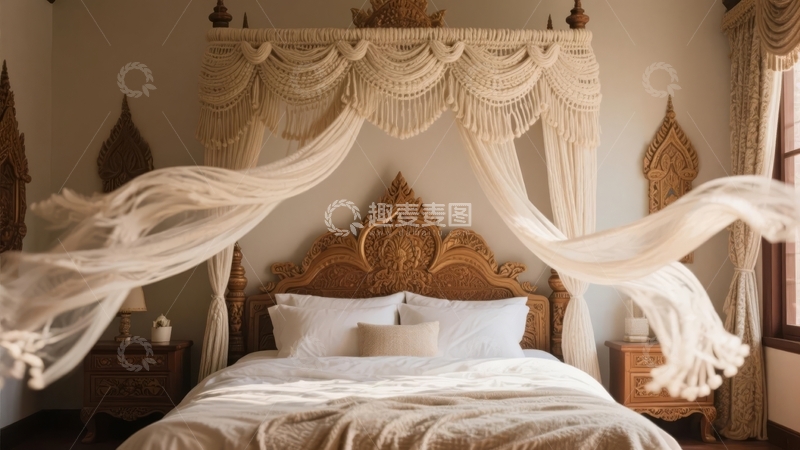 高清大图下载【趣麦麦图】装饰华丽的床铺配有精致的白色窗帘和雕花床头板