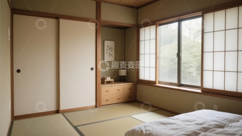 高清大图下载【趣麦麦图】日式风格卧室展示传统榻榻米与木质推拉门设计