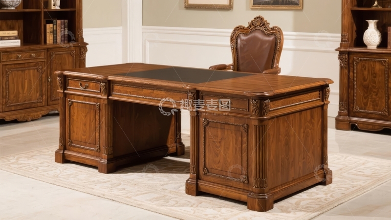 高清大图下载【趣麦麦图】古典风格木质办公桌椅组合置于典雅室内环境