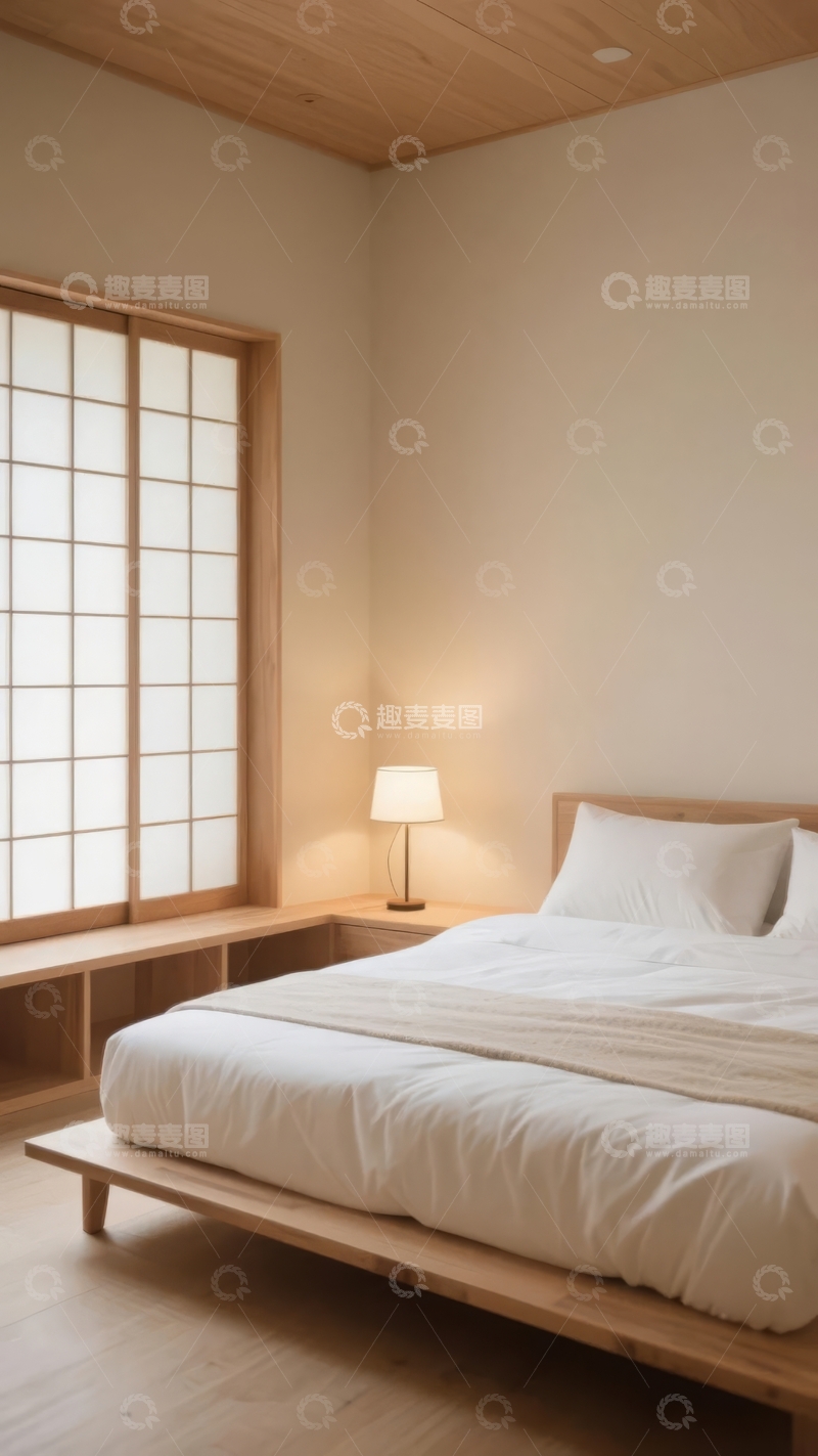 高清大图下载【趣麦麦图】简约日式风格卧室床铺整洁温馨