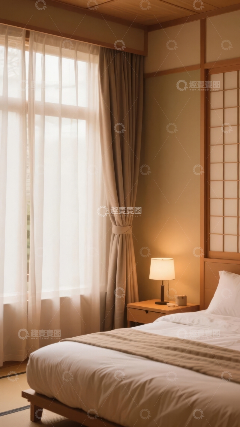高清大图下载【趣麦麦图】日式风格卧室温馨舒适窗边床铺