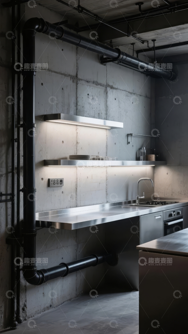 高清大图下载【趣麦麦图】现代工业风厨房设计展示混凝土墙面与金属管道装饰