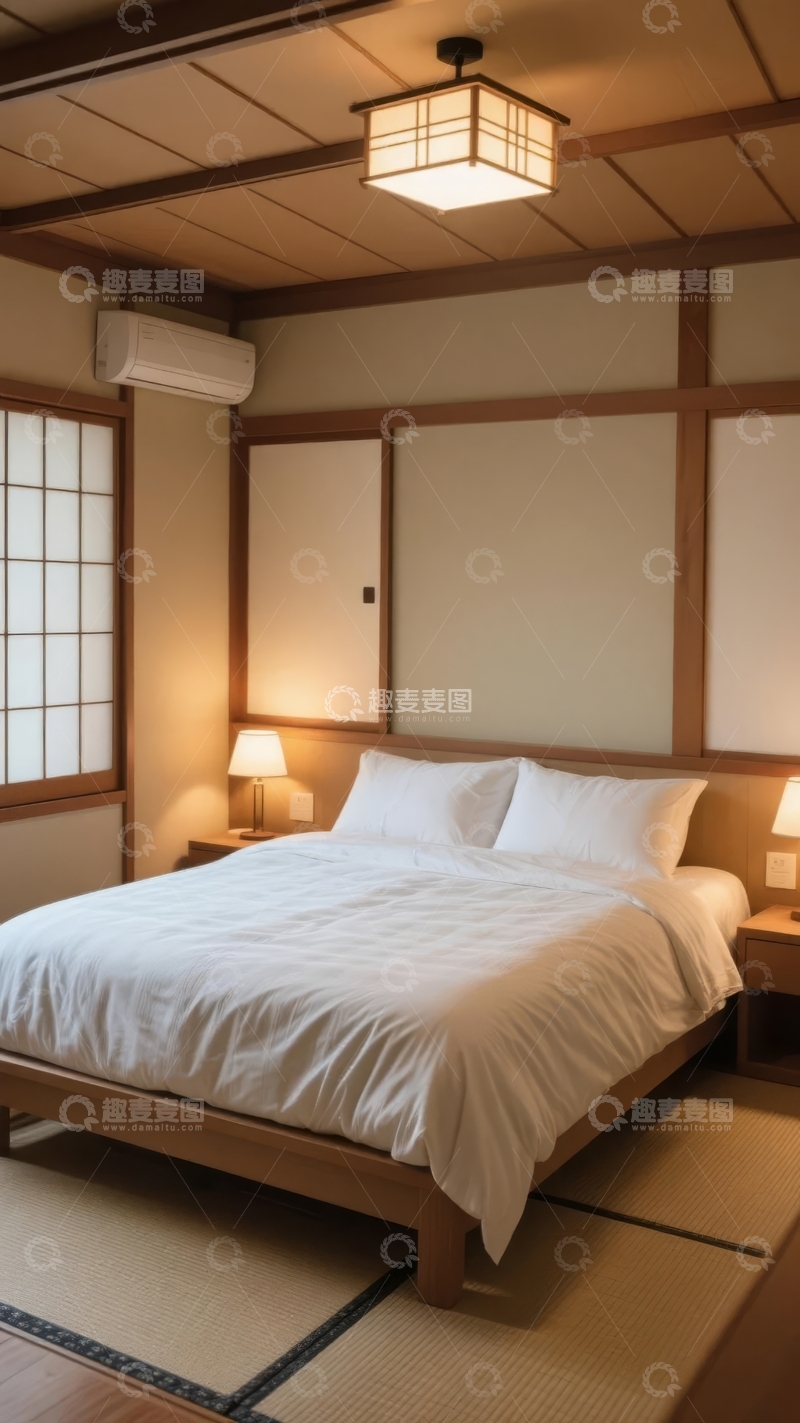 高清大图下载【趣麦麦图】日式风格卧室温馨舒适床头灯亮起