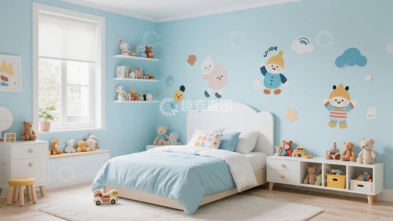 高清大图下载【趣麦麦图】儿童卧室墙面贴有卡通图案床铺整洁温馨