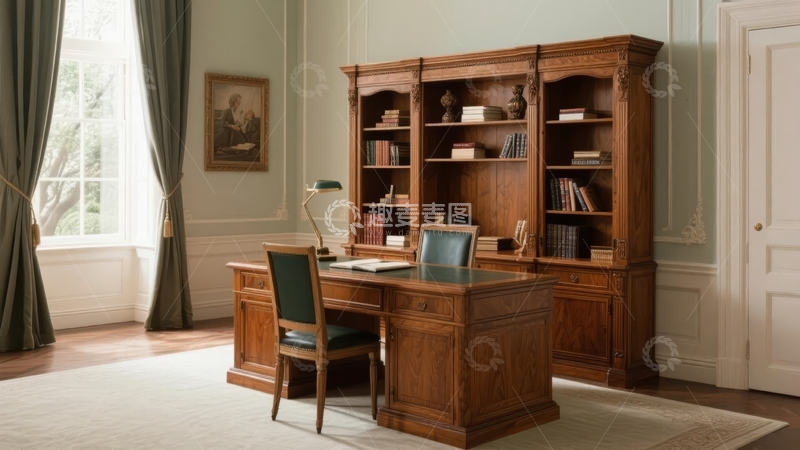 高清大图下载【趣麦麦图】古典风格书房内摆放着木质书柜和办公桌