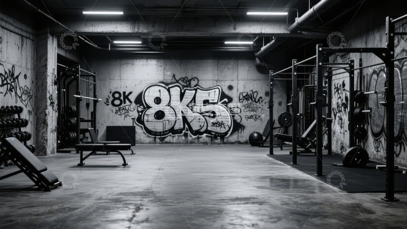 高清大图下载【趣麦麦图】黑白照片展示涂鸦墙背景的健身房内部场景