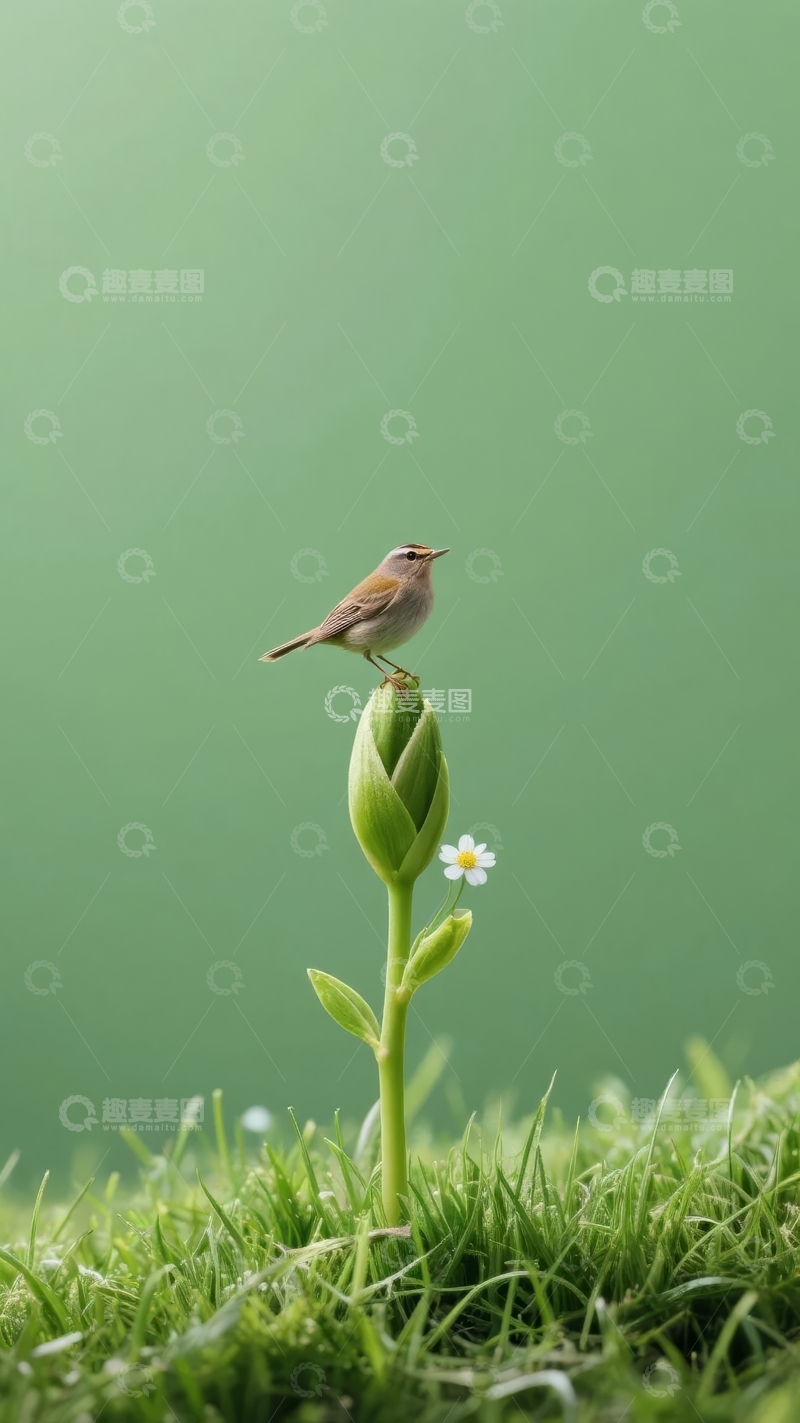高清大图下载【趣麦麦图】小鸟栖息于绿草间的小花茎上