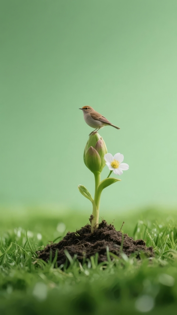 小鸟栖息于花蕾之上绿意盎然生机勃勃