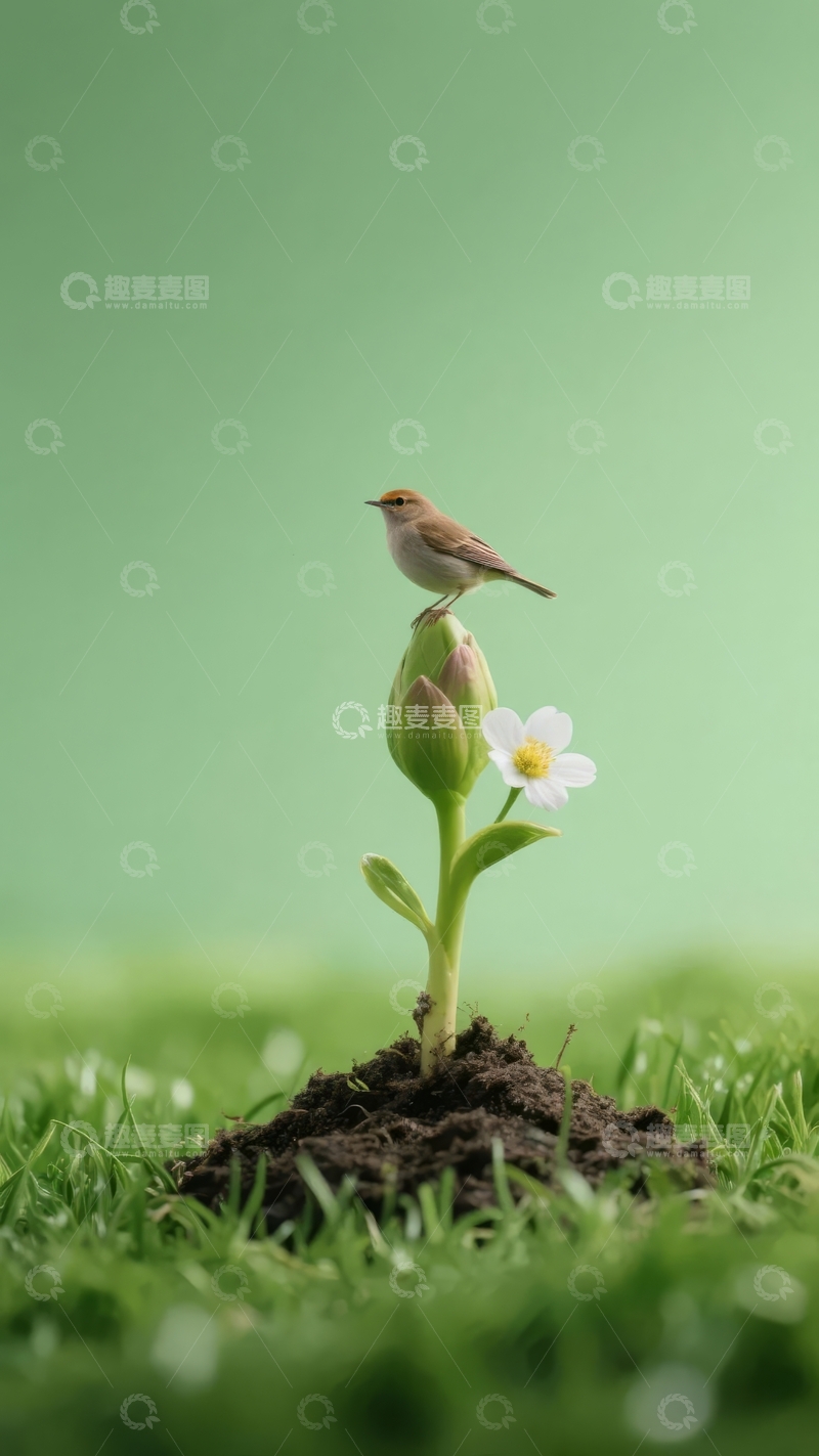 高清大图下载【趣麦麦图】小鸟栖息于花蕾之上绿意盎然生机勃勃