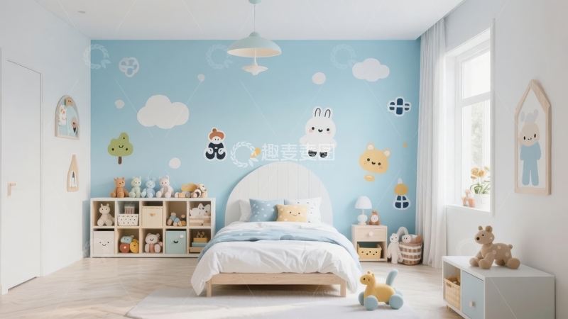 高清大图下载【趣麦麦图】儿童卧室墙面装饰有卡通图案和储物架