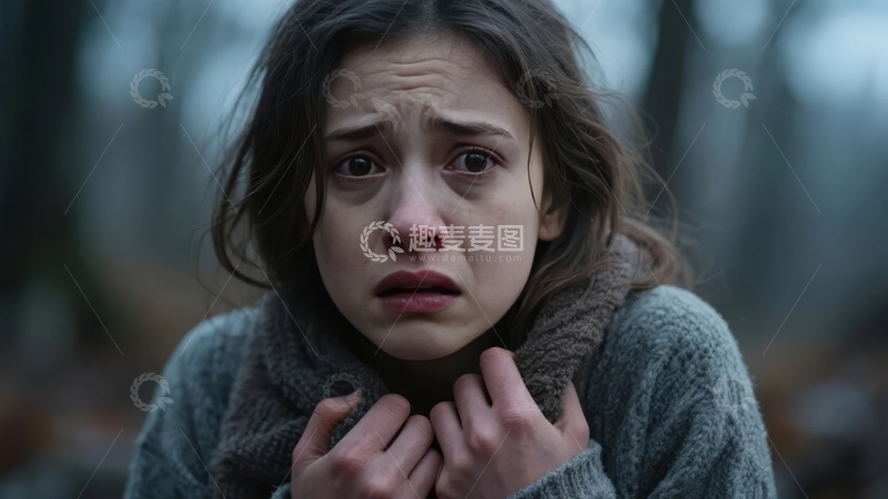 女子在树林中神情悲伤双手紧握围巾