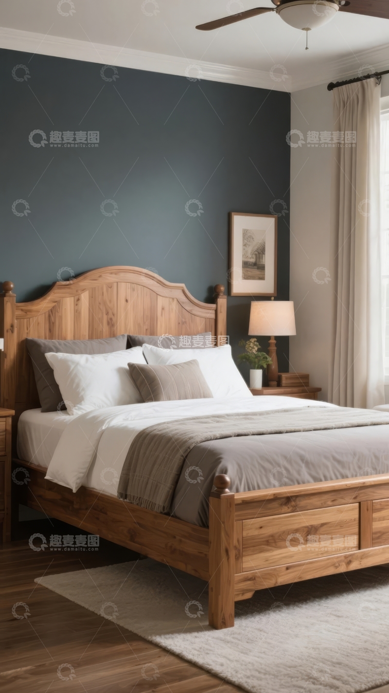 高清大图下载【趣麦麦图】现代简约风格卧室床头墙为深蓝色