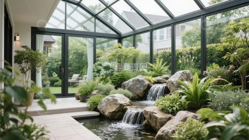 高清大图下载【趣麦麦图】现代建筑旁的花园水景与绿植景观