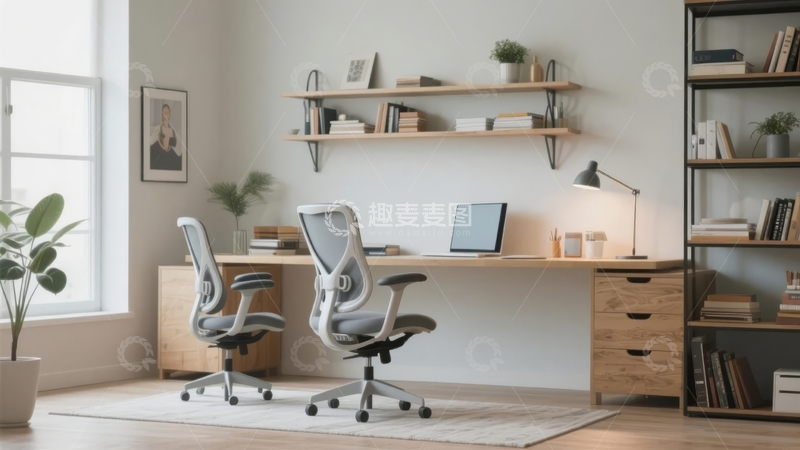 高清大图下载【趣麦麦图】明亮现代办公室内设双人办公桌与舒适座椅