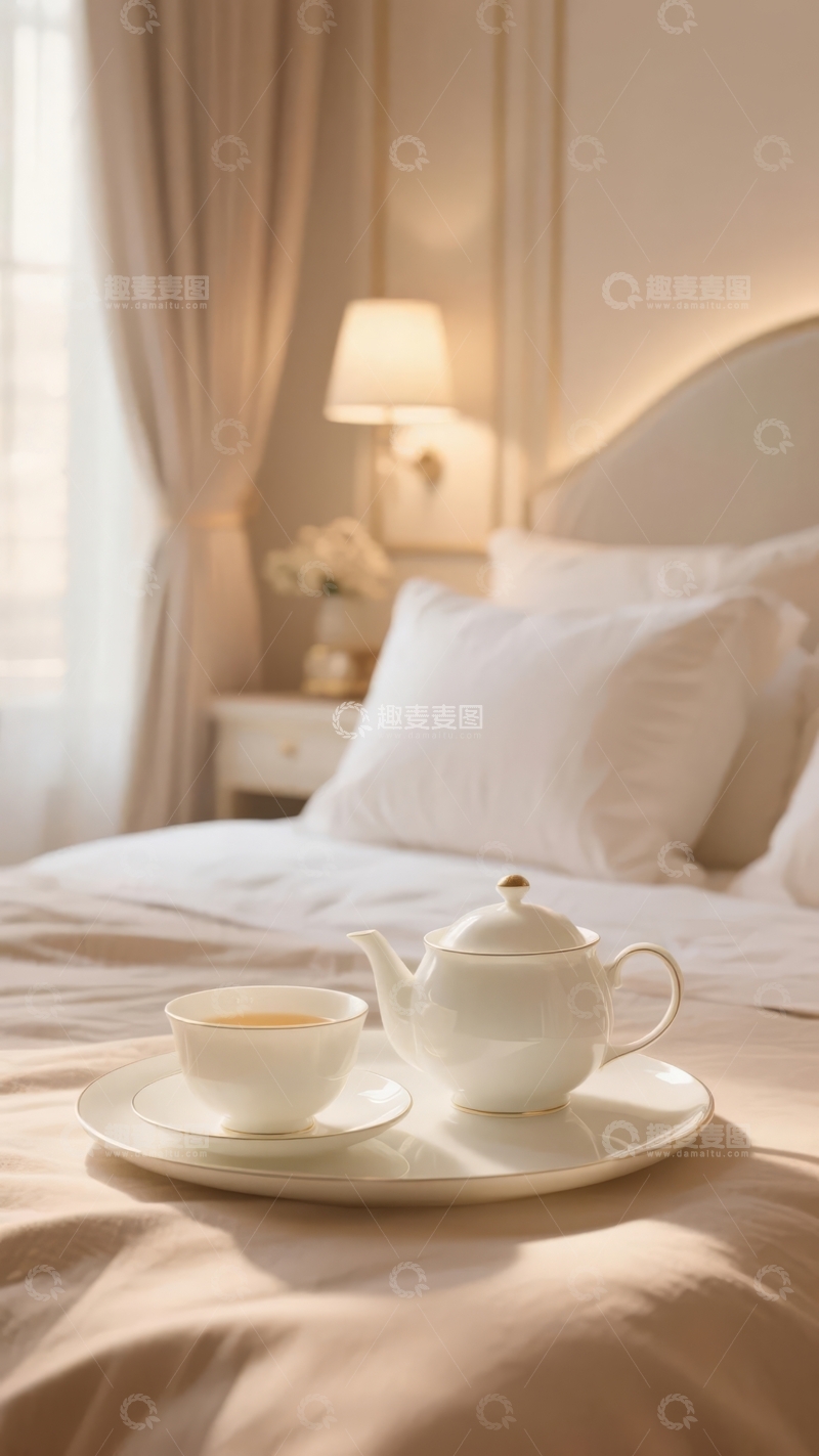 高清大图下载【趣麦麦图】温馨卧室中摆放着茶具的宁静场景