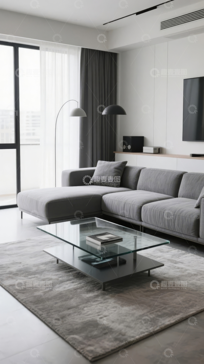 高清大图下载【趣麦麦图】现代简约风格客厅灰色沙发玻璃茶几