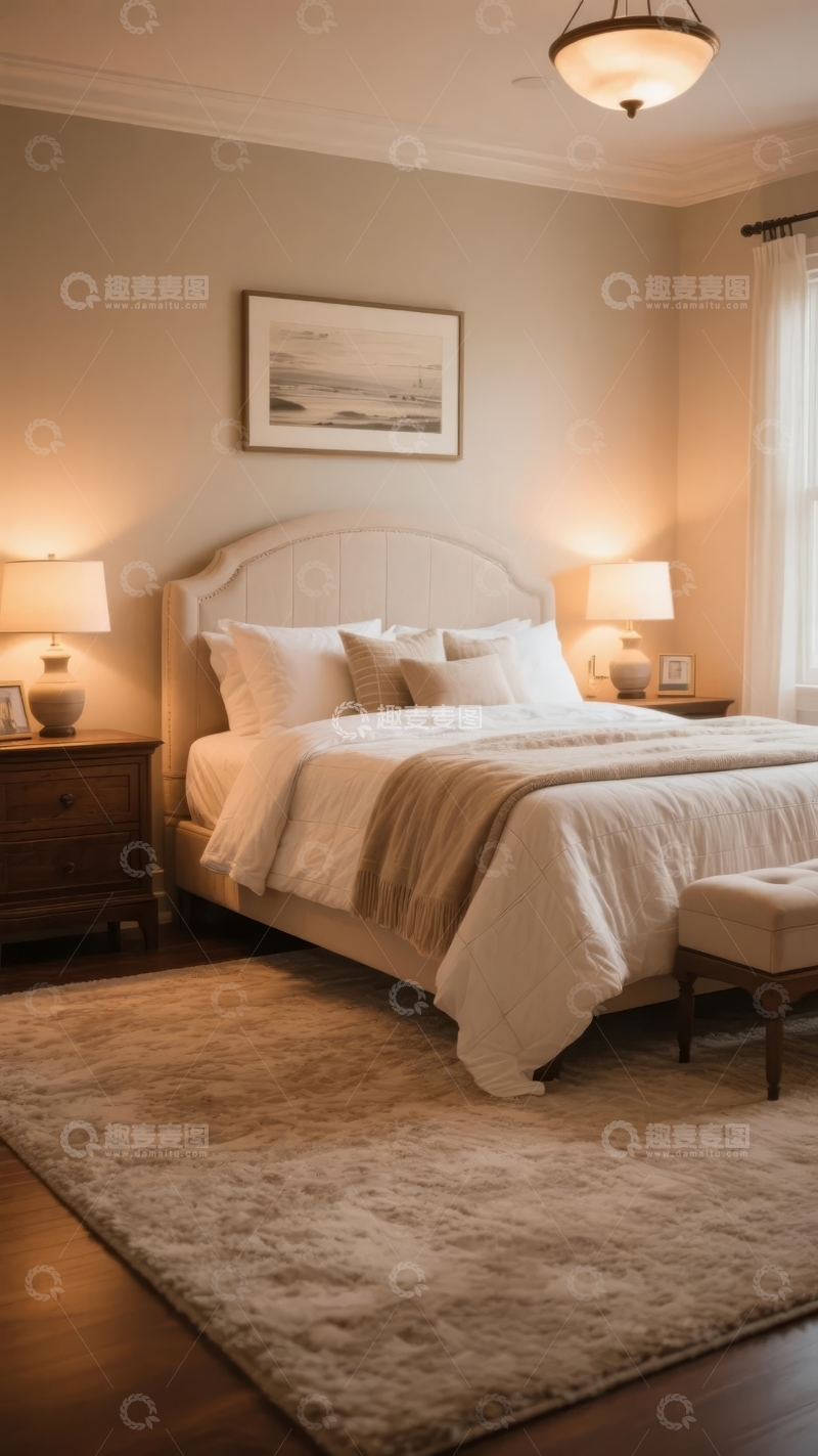 高清大图下载【趣麦麦图】温馨卧室布置以浅色床品和柔和灯光为主