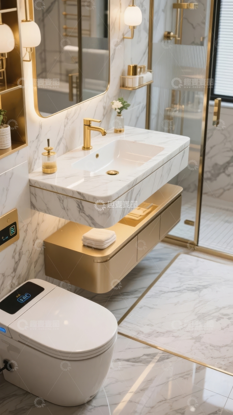 高清大图下载【趣麦麦图】现代浴室设计大理石台面金色五金件
