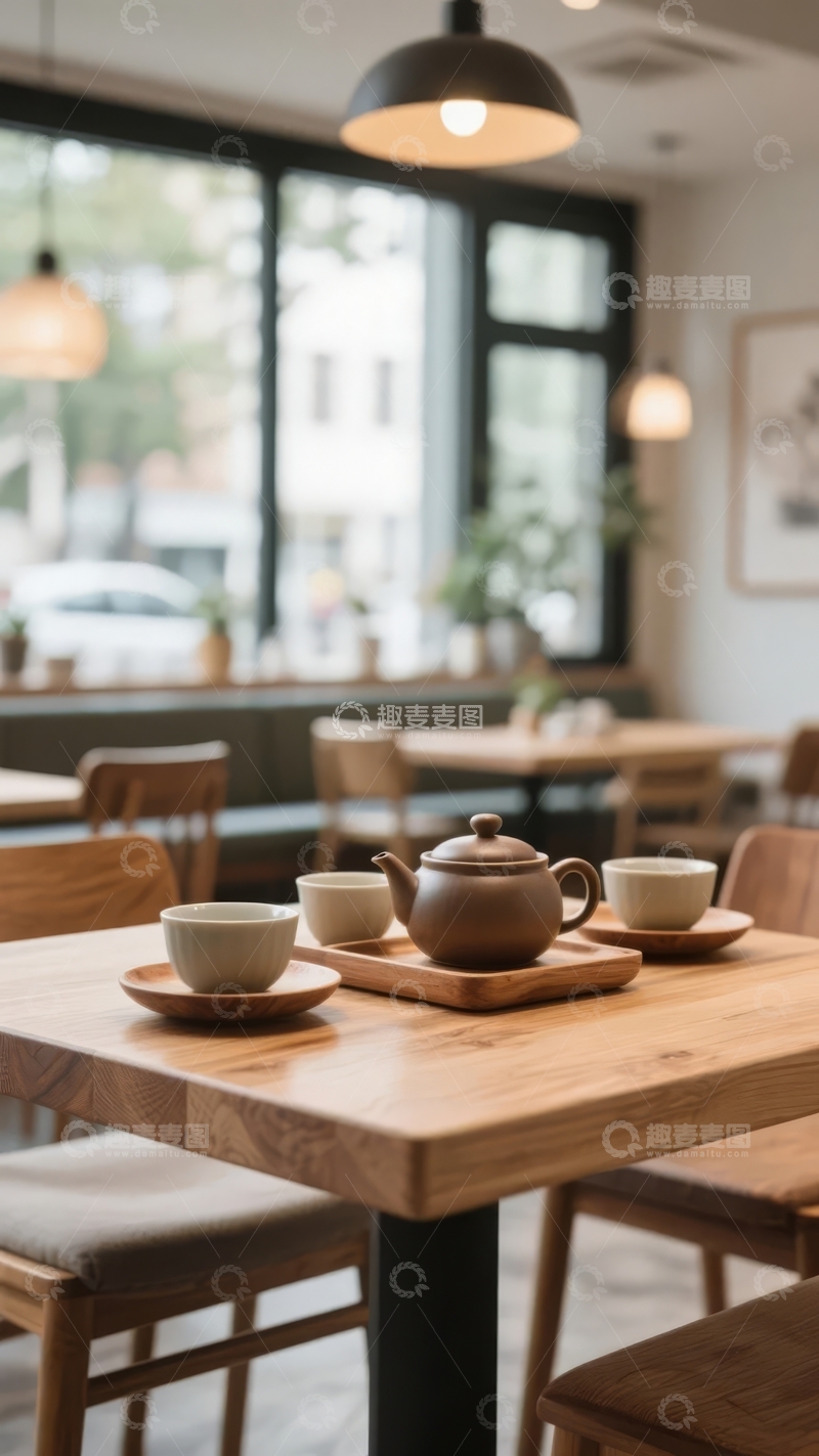 高清大图下载【趣麦麦图】咖啡馆内木质桌椅上摆放着茶具和茶杯
