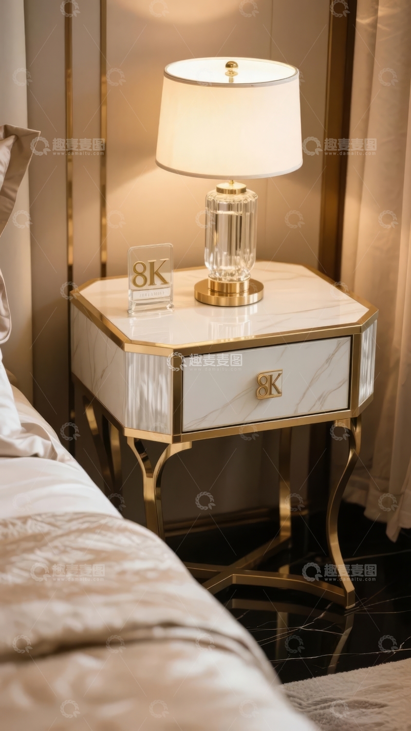 高清大图下载【趣麦麦图】豪华卧室床头柜配水晶台灯与装饰品