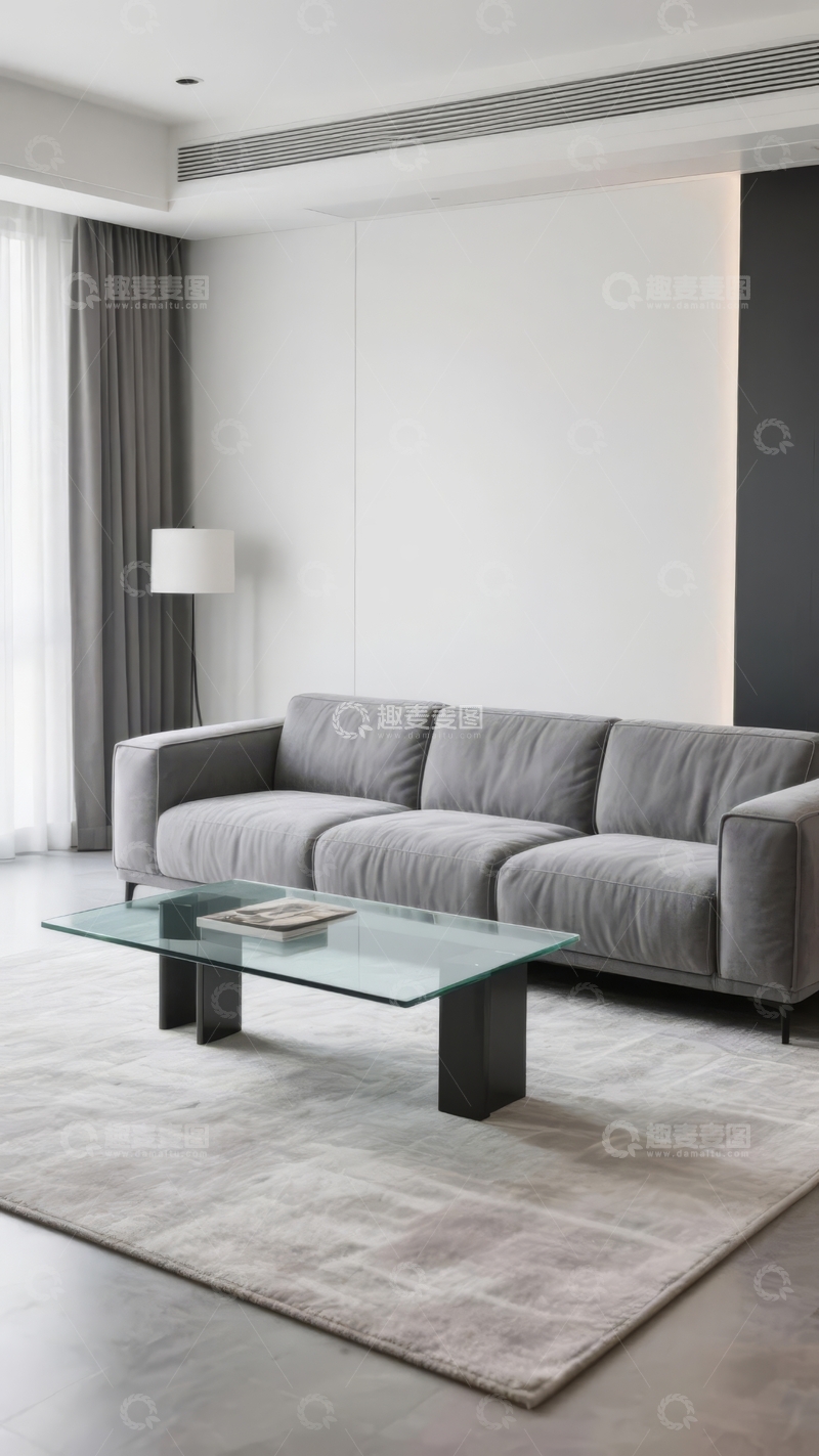 高清大图下载【趣麦麦图】现代简约风格客厅灰色沙发与玻璃茶几