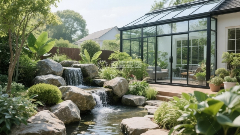 高清大图下载【趣麦麦图】现代庭院中的玻璃温室与岩石水景