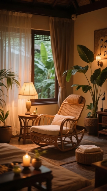 温馨室内角落摆放着藤椅和绿植窗外可见热带植物