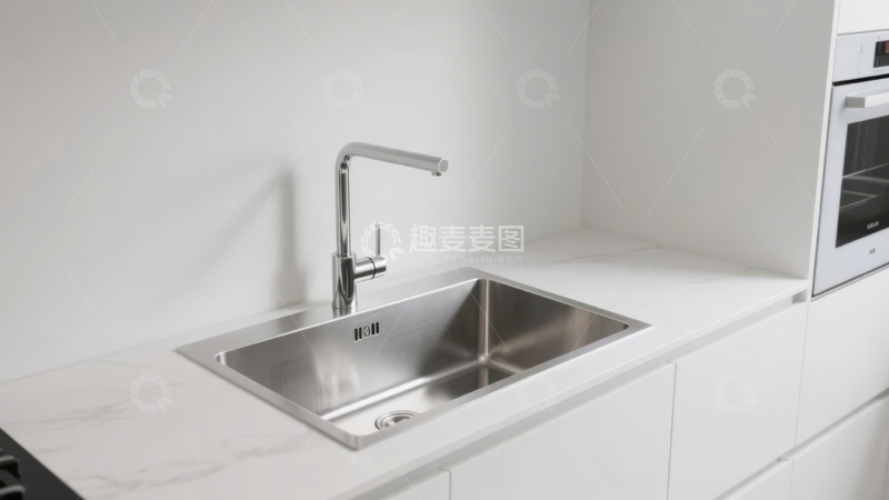 高清大图下载【趣麦麦图】现代简约风格厨房白色台面不锈钢水槽