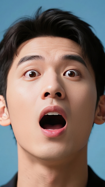 年轻男子蓝色背景前睁大眼睛张嘴的特写照片
