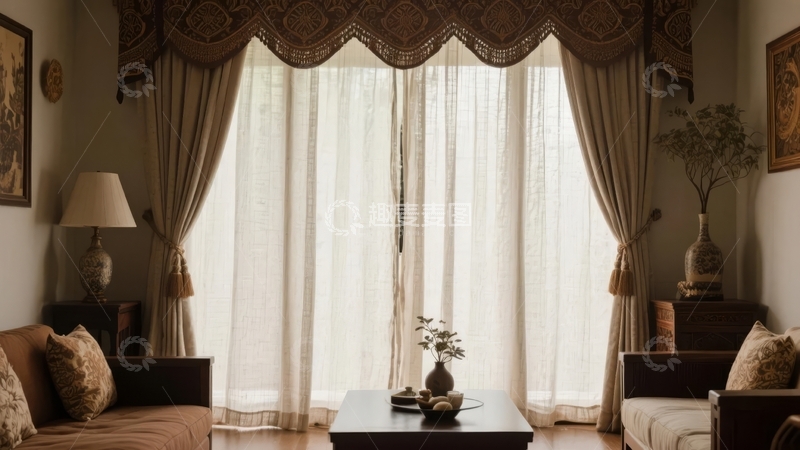 高清大图下载【趣麦麦图】温馨客厅内米色窗帘与沙发布置