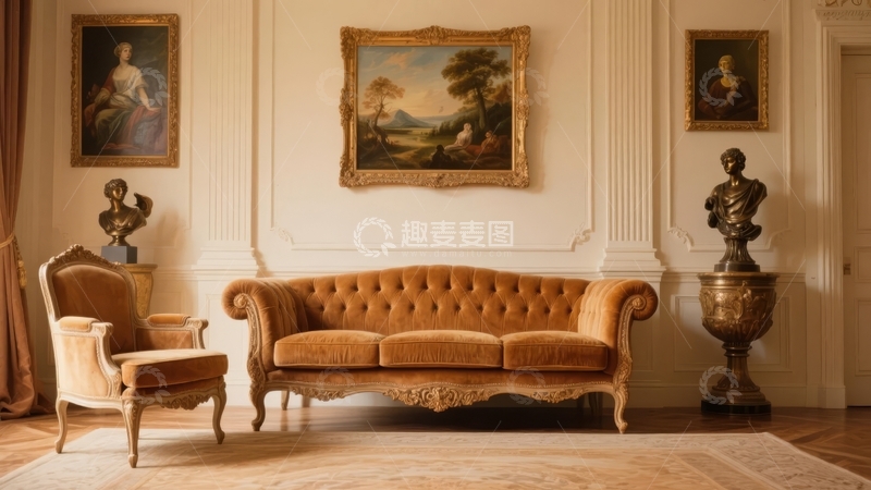 高清大图下载【趣麦麦图】古典风格客厅内摆放着沙发和装饰画