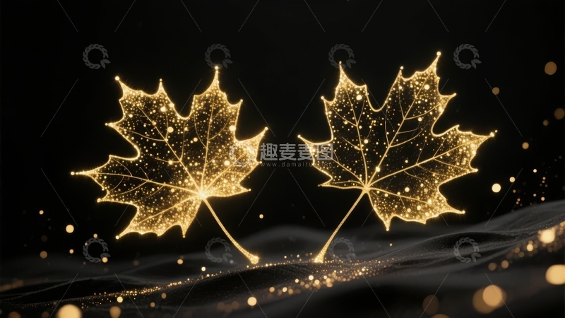 高清大图下载【趣麦麦图】两片金色枫叶在黑暗背景中闪耀光芒