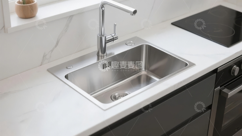 高清大图下载【趣麦麦图】现代厨房不锈钢水槽与黑色灶台组合