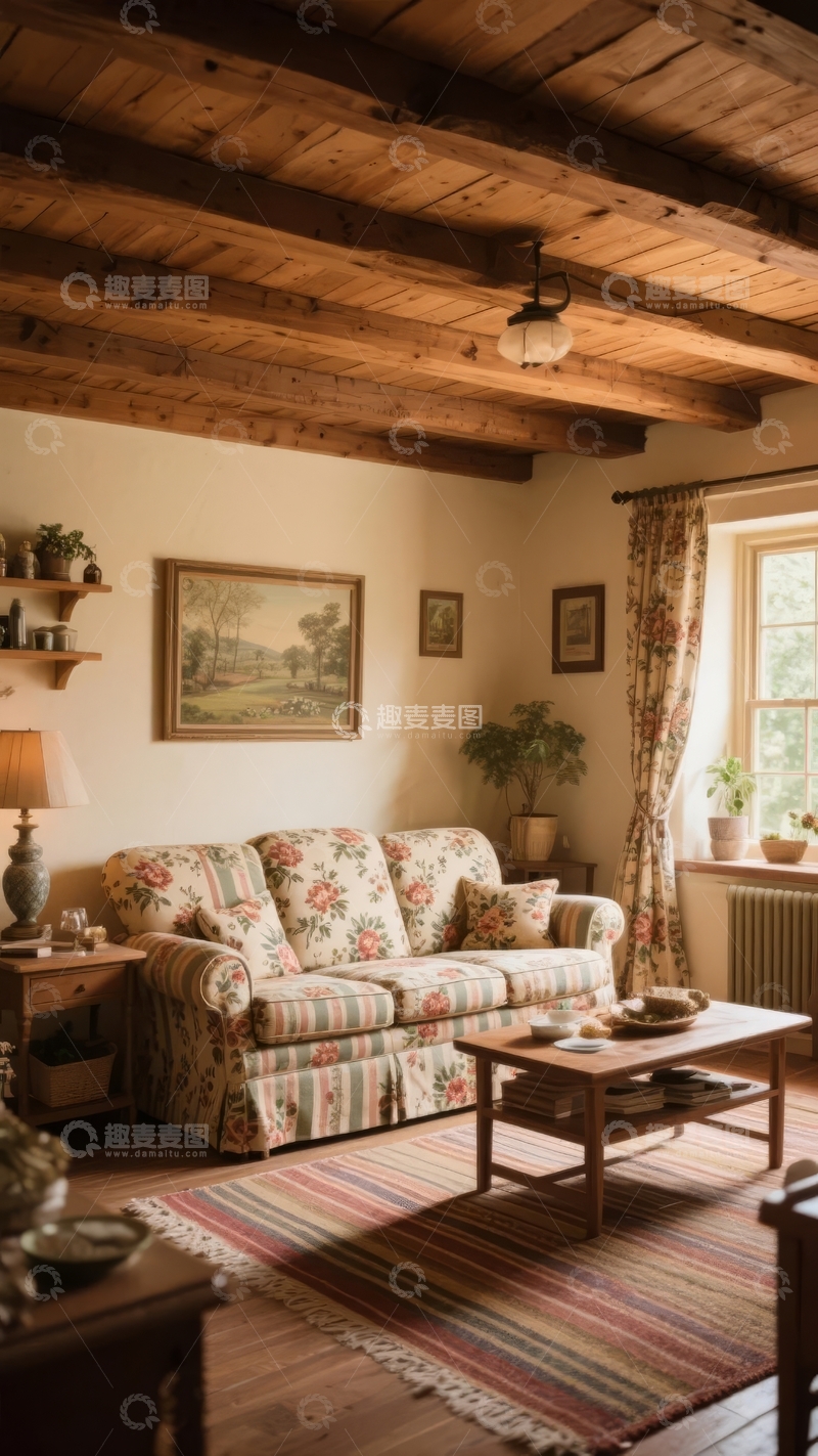 高清大图下载【趣麦麦图】温馨复古风格客厅木质横梁天花板与花卉沙发