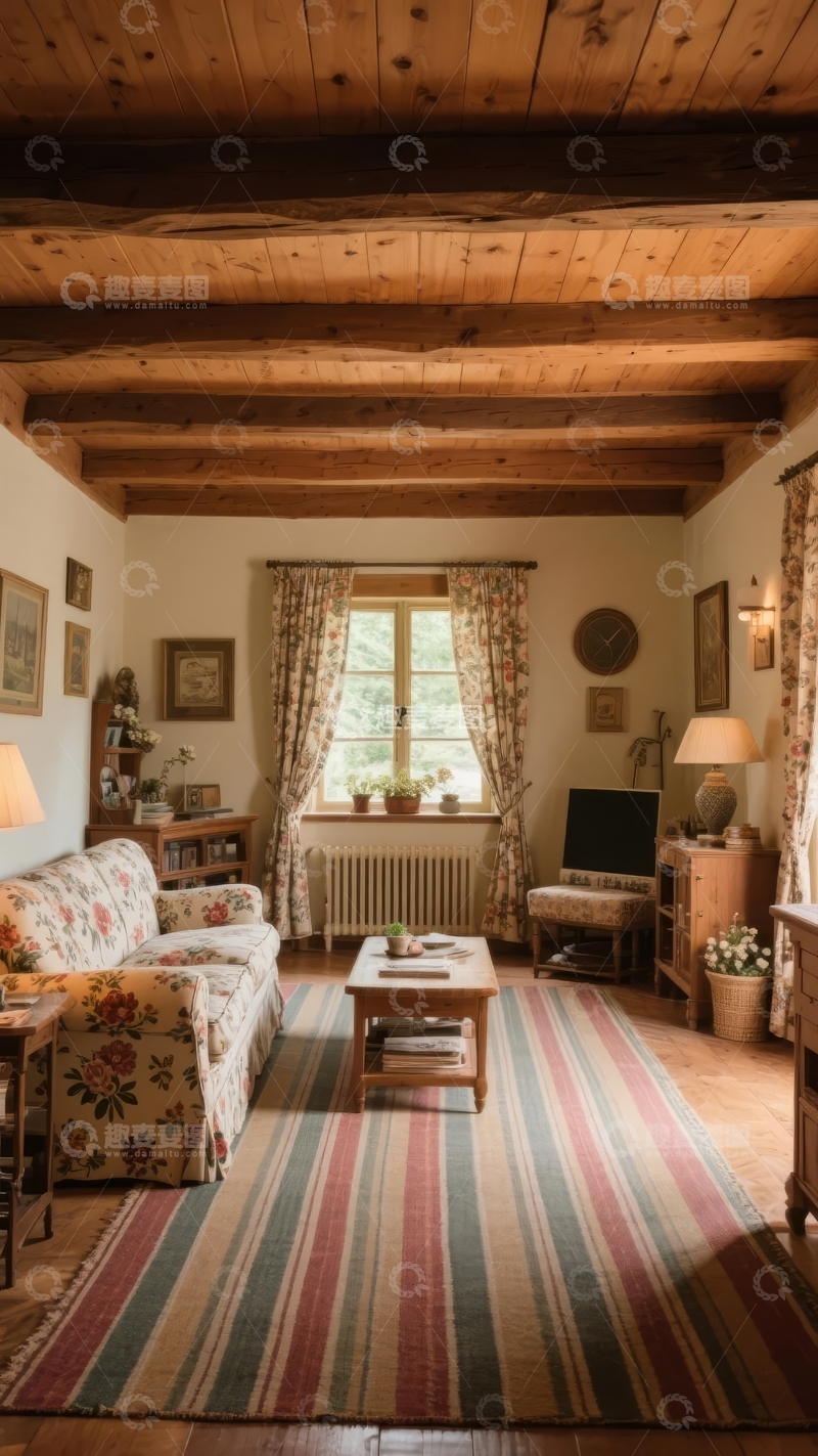 高清大图下载【趣麦麦图】温馨复古风格客厅内景木质天花板与花卉窗帘装饰