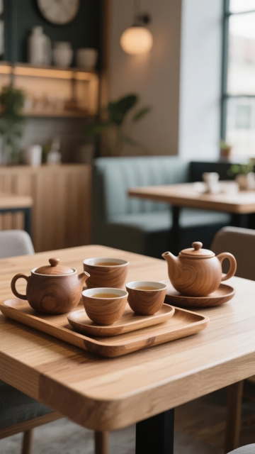 温馨咖啡馆内木质茶具摆放在桌上
