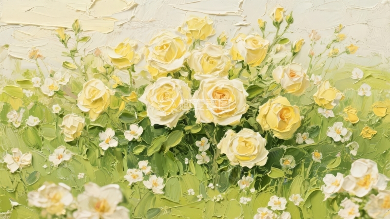 高清大图下载【趣麦麦图】黄色玫瑰花丛在绿叶和小白花间绽放