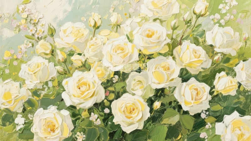 高清大图下载【趣麦麦图】盛开的白色玫瑰花丛生机盎然