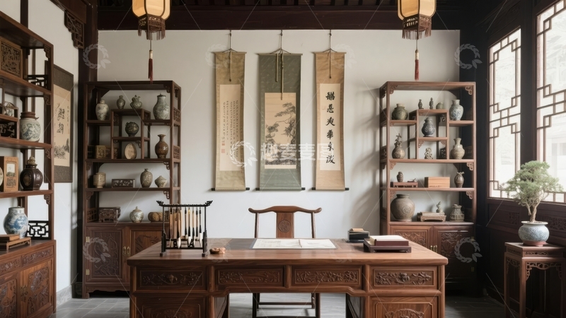 中式古典书房陈设典雅古朴