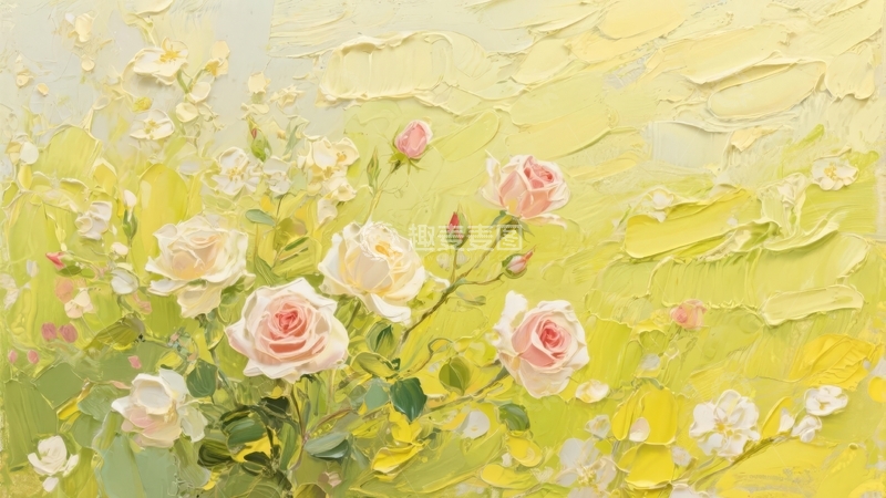 高清大图下载【趣麦麦图】油画风格的淡黄色背景上的粉色与白色玫瑰花