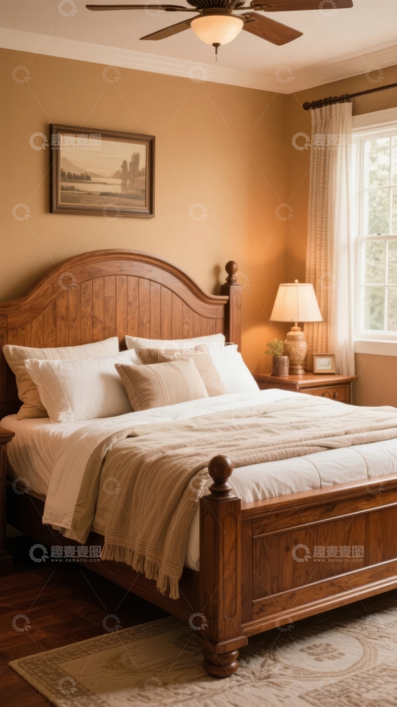 高清大图下载【趣麦麦图】温馨卧室配有木质床头板和柔和照明