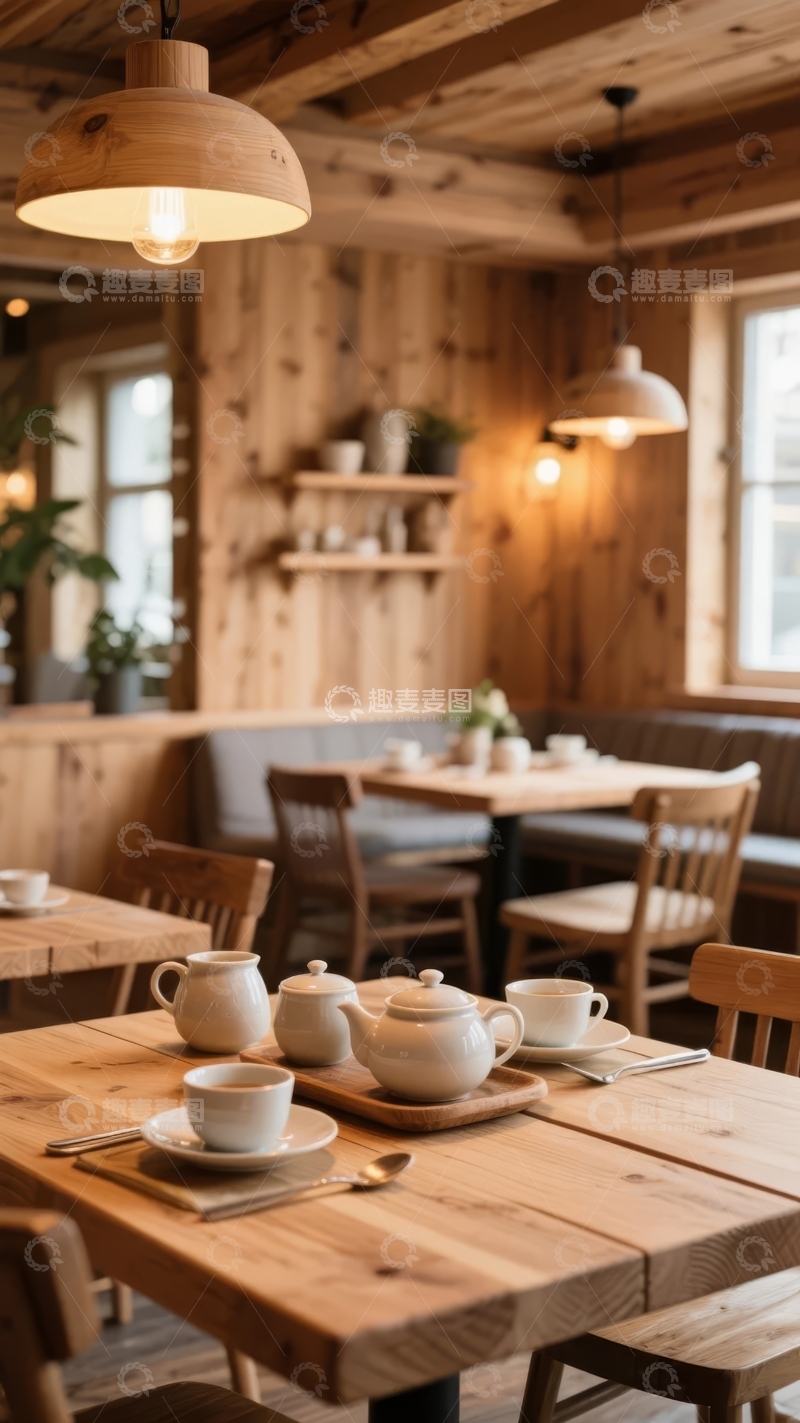高清大图下载【趣麦麦图】温馨木质餐厅内景摆放着茶具和餐具