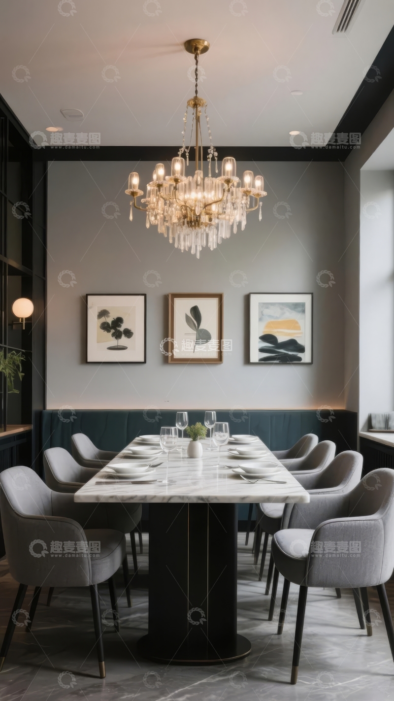高清大图下载【趣麦麦图】现代餐厅内设长桌吊灯与艺术画作