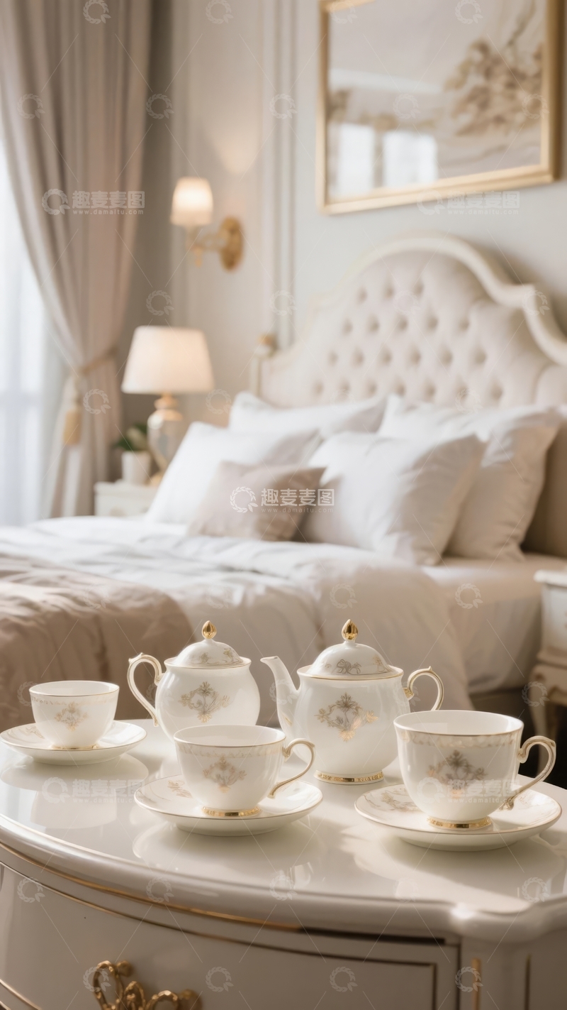 高清大图下载【趣麦麦图】优雅卧室内的精致茶具与舒适床铺
