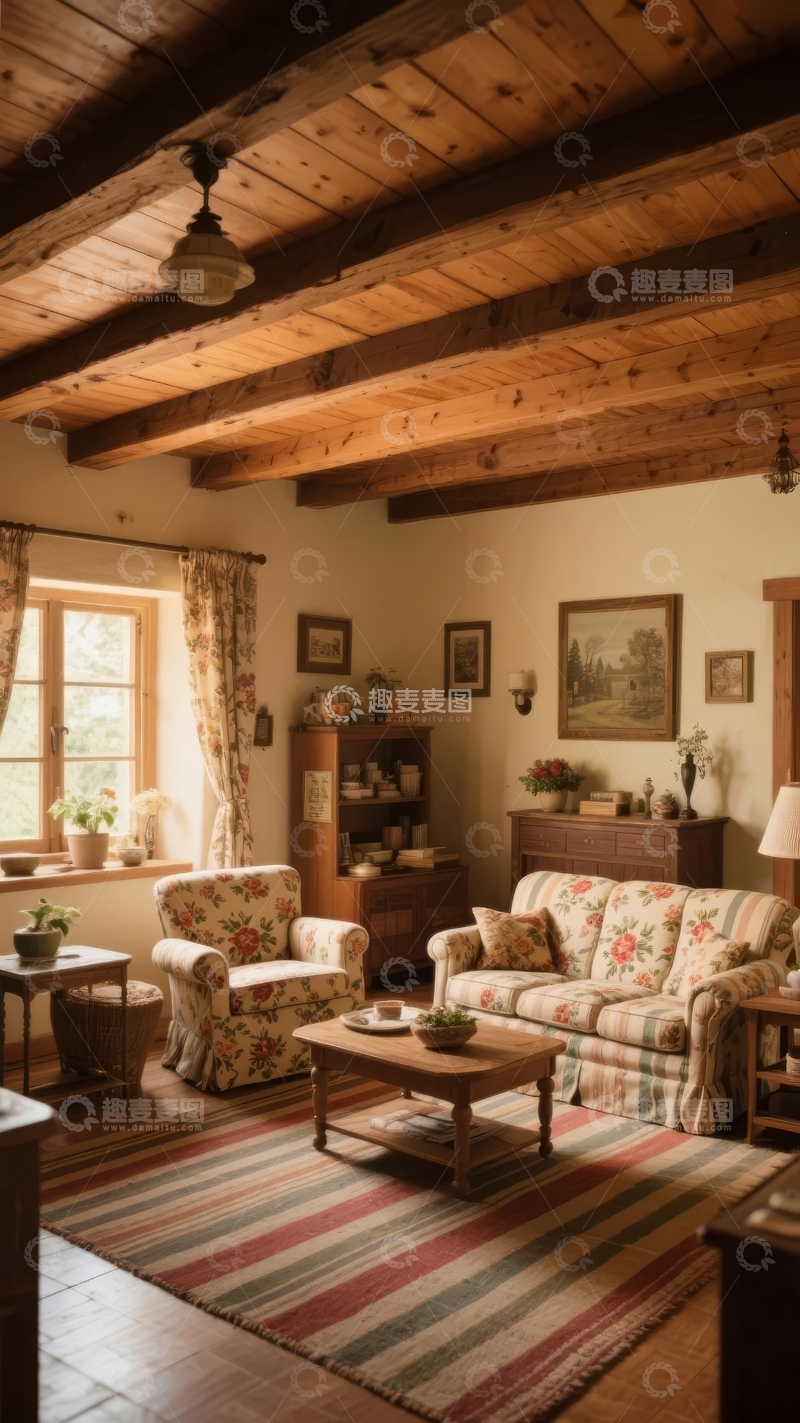 高清大图下载【趣麦麦图】温馨复古风格客厅木质天花板与花卉家具装饰