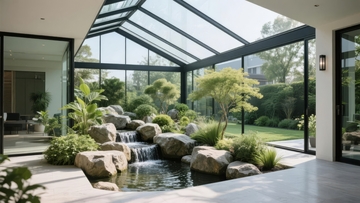 现代建筑内的玻璃温室景观水池