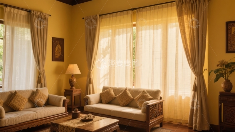 高清大图下载【趣麦麦图】温馨客厅布置配有木质沙发和米色窗帘