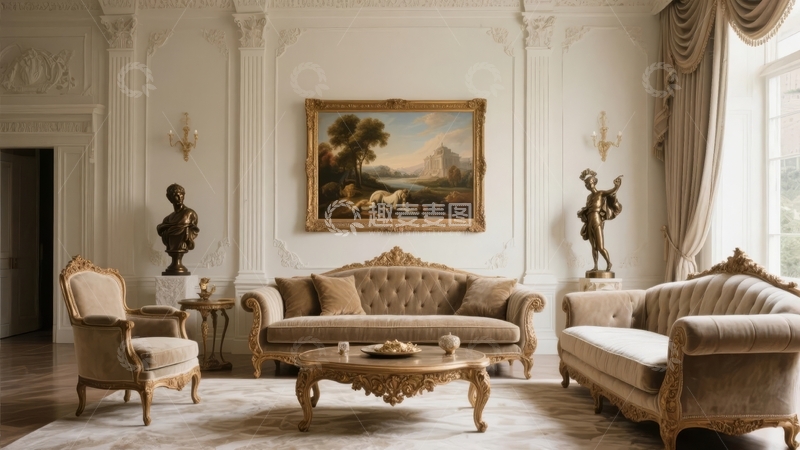 高清大图下载【趣麦麦图】-典雅欧式客厅摆放古典家具与艺术画作