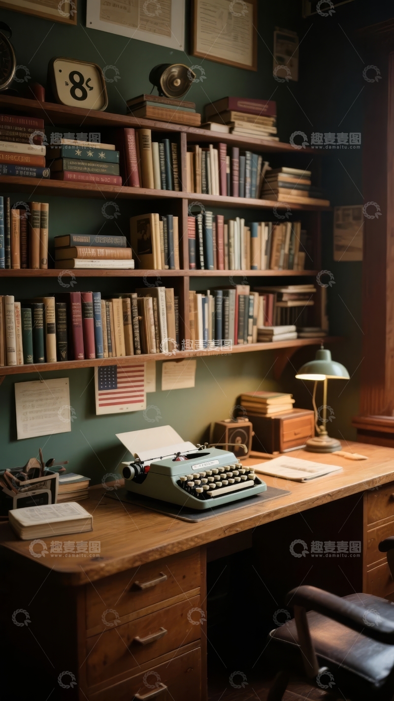高清大图下载【趣麦麦图】复古书房内书架满载书籍打字机静置桌面上